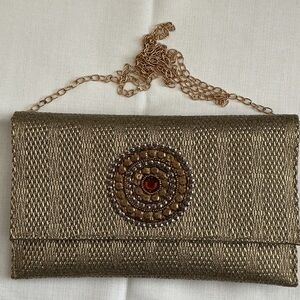 Gold Beaded Evening Clutch with Chain Strap